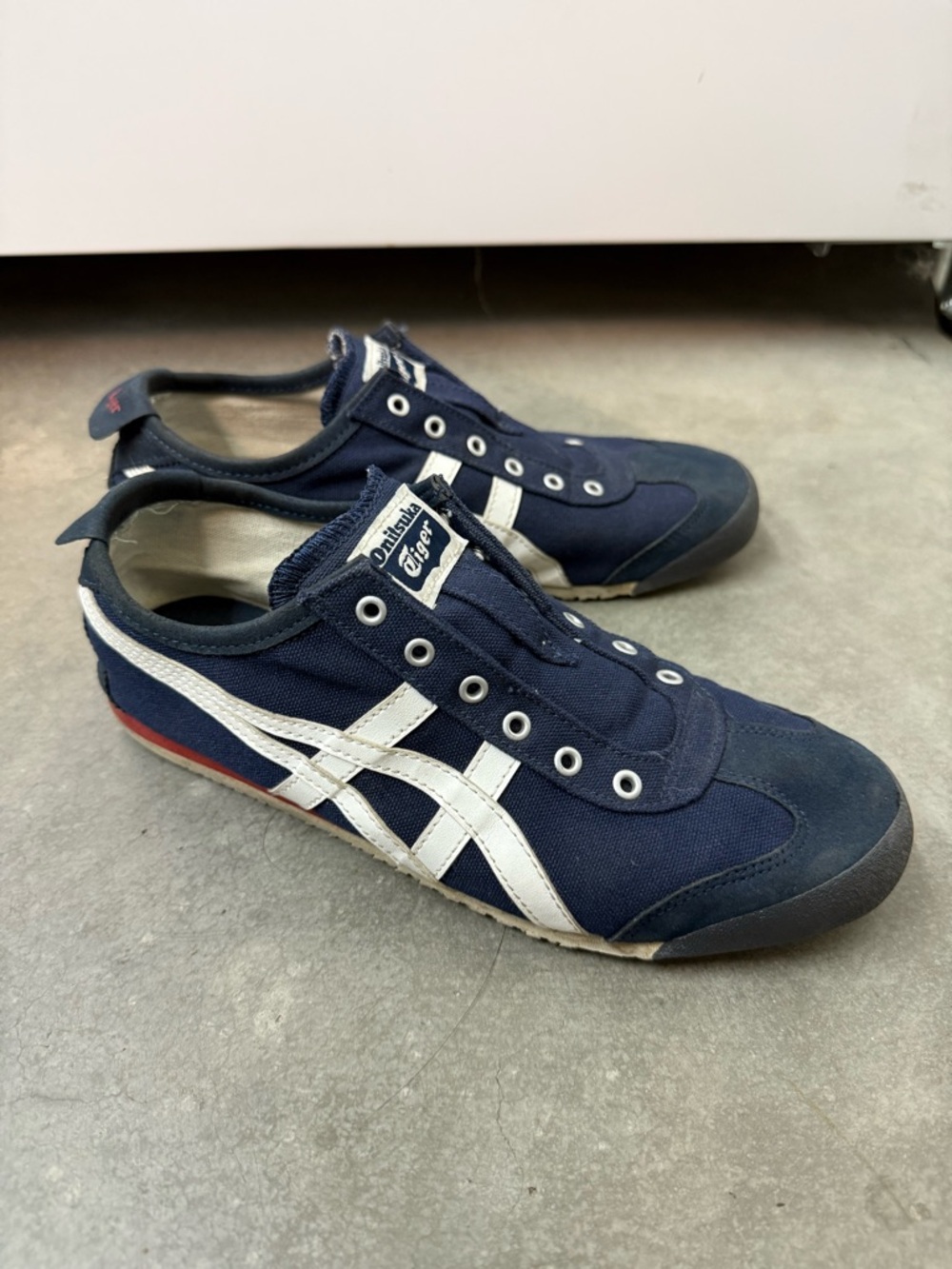 Onitsuka Tiger by Asics Navy and White Slip-On Sneakers with Red Sole Accent - Picture 3 of 8